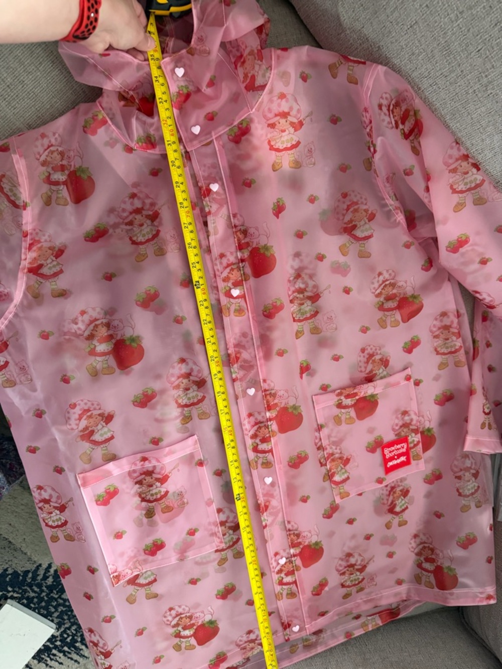 Pink Strawberry Short Cake Print Transparent Hooded Raincoat (i184) - Picture 5 of 13